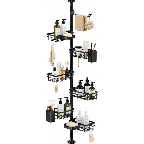 Étagère de Douche Télescopique Sans Perçage Réglable de 30 à 120 Pouces Étagère d'Angle de Salle de Bain avec 6 Paniers, Porte-Brosse à Dents, Porte-Savon et Porte-Rasoir (1/5)