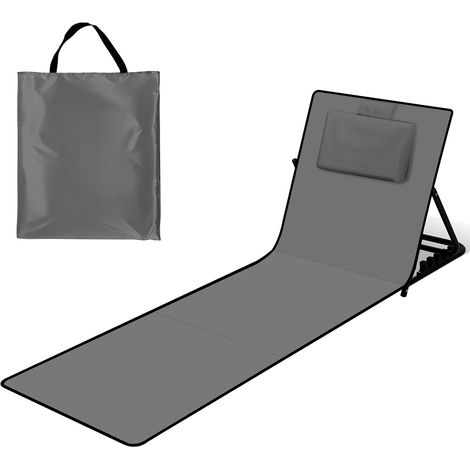 Wolketon Strandmatte mit Rückenlehne Gepolstert klappbar UV-beständig Tasche Reißverschluss Kissen Tragegurt Garten Camping Picknick Liegematte 145 x 47cm, Dunkelgrau