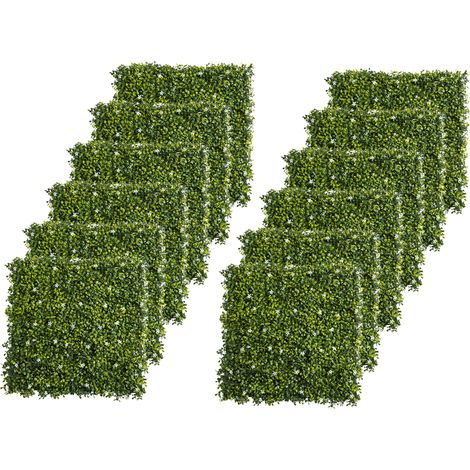 12PCS Artificial Boxwood Wall Panels 50cm x 50cm Grass Privacy Fence Screen Faux Hedge Greenery Backdrop Encrypted Milan Grass  White Flowers for Home Garden Backyard Balcony (1/5)