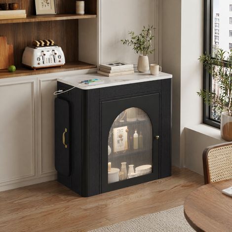 Isola cucina estensibile con ruote, piano effetto marmo, nero, OKWISH (1/5)