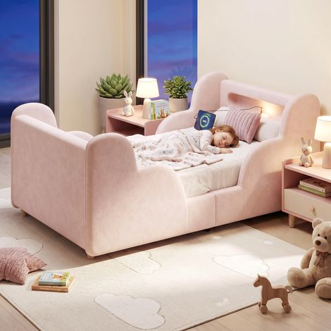Lit enfant 90 x 200 cm rose en velours, lit simple rembourré avec barrière de sécurité, veilleuse, USB, rangement, pieds bois massif (1/4)