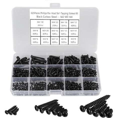 625 Pièces - Vis Autotaraudeuses - Vis à Bois - Tête Cylindrique Phillips Noir Acier Carbone pour Meubles Bricolage Bureau M2 M3 M4 (1/5)