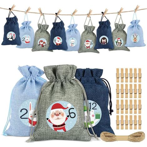 24 Calendrier de l'Avent à Remplir, Sac en Tissu de Calendrier de l'Avent, Calendrier de Noël Sachets en Jute, Sacs Calendrier Surprise pour Noël, Calendrier de l'avent Sachet (1/5)