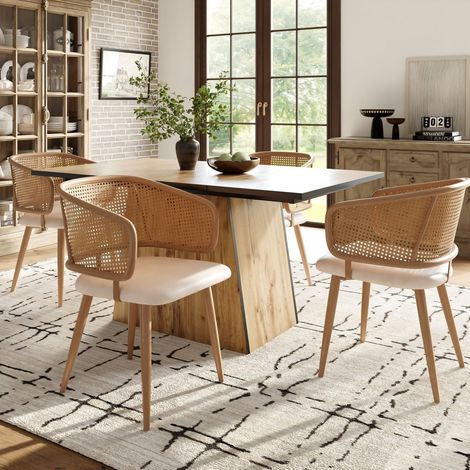 Ensemble 4 chaises - Dossier rotin et assise simili-cuir - Style moderne épuré - Confort respirant - Pour restaurant, salon, café 47x51x79cm - Beige marron (1/5)
