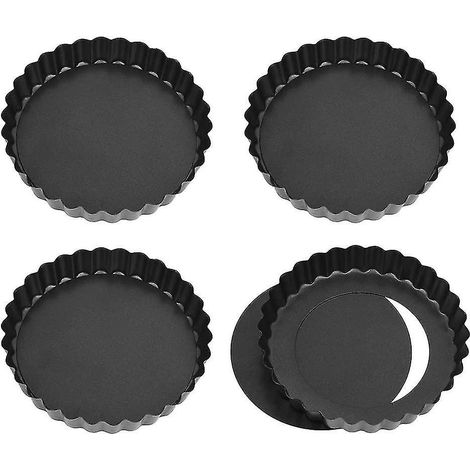 Lot de 4 moules à mini-quiches à fond amovible, moule à tartelettes de 12 cm, revêtement antiadhésif, moules à pâtisserie à fond amovible (noir) - (1/5)