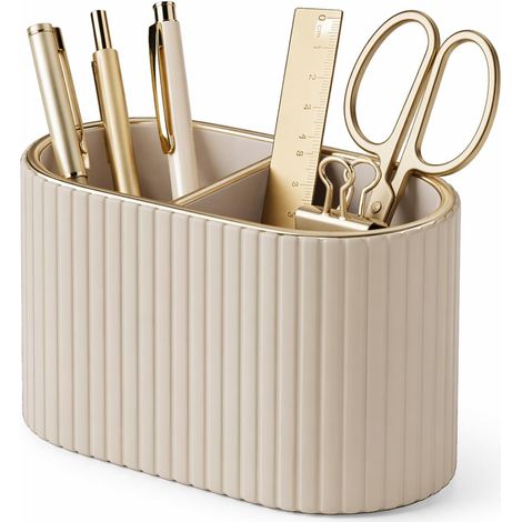 Organiseur de stylos, porte-crayons ovale, porte-crayons à 2 poches, porte-crayons en cuir PU pour le bureau et la maison (beige) (1/5)