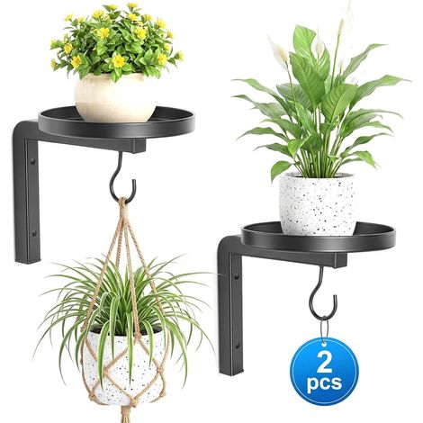 2 Piece Etagere Plantes Suspendre avec Crochets Métal Porte Plante Décoration Murale pour Salon Balcon Bureau (Noir) (1/5)