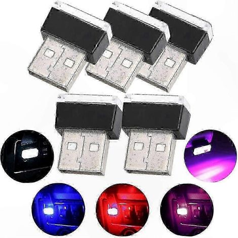 Kit d'éclairage LED intérieur de voiture alimenté par USB, lot de 5 lampes d'ambiance multicolores compatibles avec la décoration de votre véhicule (rouge/bleu/rose/blanc/bleu glacier) (1/5)