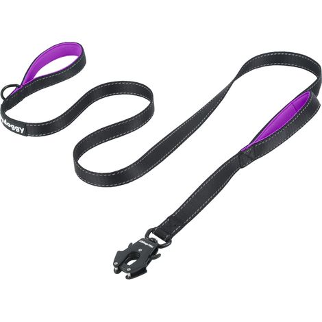 Laisse pour Chien Résistant 1,8m/1,5m/1,2m pour Grands Moyens Petits Chiot, Nylon Laisse de Dressage avec 2 Poignée et Auto Bloquer Boucle, Réfléchissants Anti-Traction Corde Laisse Noir Violet 4ft (1/5)