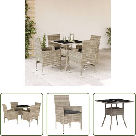 vidaXL Gartenstuhl - 5-tlg. Garten-Essgruppe mit Kissen Hellgrau Poly Rattan Glas (1/5)