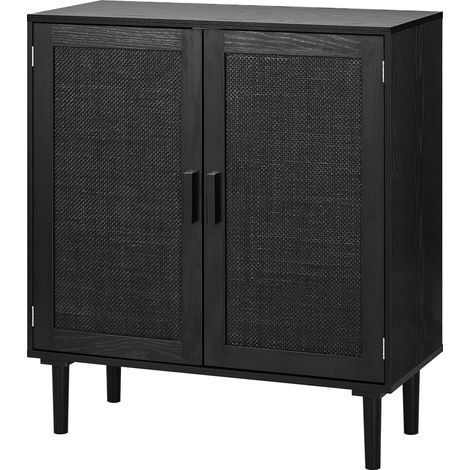 Buffet en Rotin Noir, Meuble de Rangement avec 2 Portes Magnétiques et Étagères Réglables, pour Couloir Entrée Salon Cuisine Salle à Manger, Buffet d'Appoint avec Pieds en Bois et Passe-câble (1/5)
