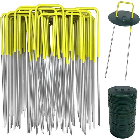 40 Piquets de Fixation pour Bache e 40 Rondelle, Piquets de Jardin Mezzo Jaune, Agrafes Toile de Paillage, Piquet de Fixation Jardin, 150×25mm, Ø2,8 mm (1/5)