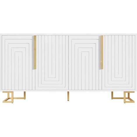 Aparador blanco de MDF 152 x 40 x 75 cm con 2 puertas, 4 compartimentos y detalles dorados HOMVRA (1/4)