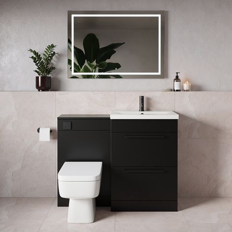 Napoli 390 Matt Black 1100mm 2 Drawer Vanity Unit Toilet Suite with Glide Basin - 1100mm - Matt Black 320mm HandleWith Kingston Toilet Pan and Seat