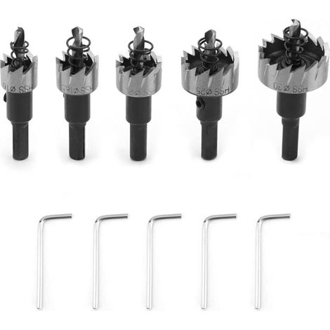 Ce jeu de 5 scies cloches en acier rapide est disponible dans les tailles 16/18,5/20/25/30 mm et convient à l'acier, à l'acier inoxydable, au bois, au plastique et au métal. (1/4)