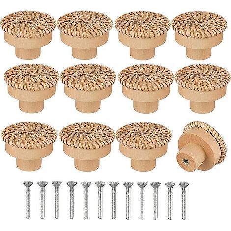 Paquet de 12 boutons de commode ronds en rotin, boutons de tiroir faits à la main de Style bohème (1/5)