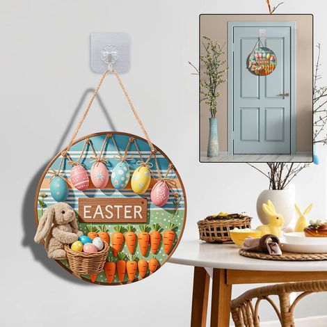 Cartello di benvenuto pasquale in legno - Design con coniglietto e uova di Pasqua - Decorazione per porte e pareti (1/2)