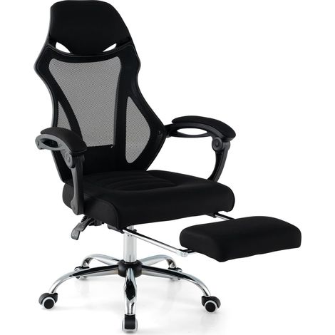 Costway – Chaise de bureau ergonomique en maille – Dossier inclinable 90°-135° – Repose-pieds rétractable – Appui-tête et accoudoirs réglables – Noir (1/5)