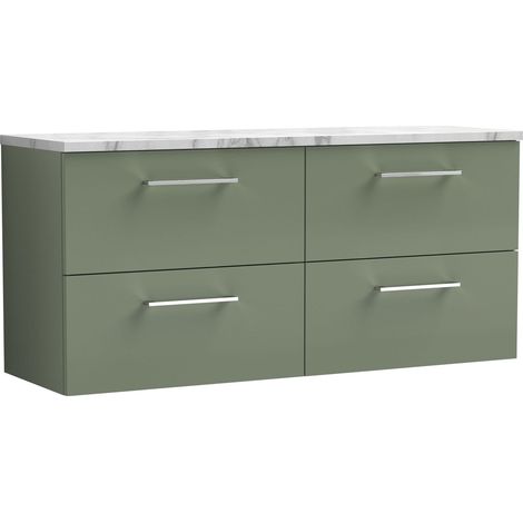 Nuie Arno Wall Hung 4-Drawer Vanity Unit with Carrera Marble Worktop 1200mm Wide - Satin Green (1/4)