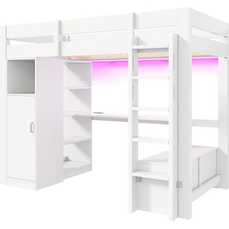 Cama alta 90 x 200 con armario, estantes, escritorio integrado, LED y puerto USB, blanca (1/5)