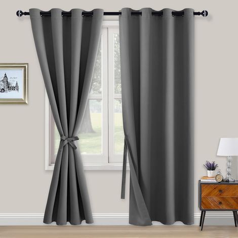 220 x 140 cm - Lot de 2 rideaux opaques et occultants avec œillets - Avec embrasses - Pour chambre à coucher, salon, bureau - Gris (1/5)