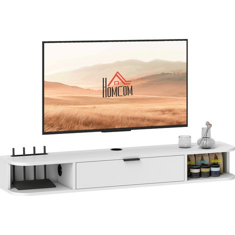 Mueble de TV mural de 120 cm, soporte para televisores de hasta 50 pulgadas, cajón abatible, 2 estantes, 120 x 24 x 16 cm, blanco (1/5)