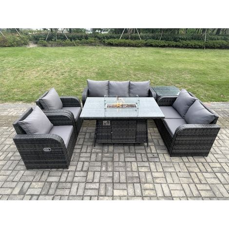Fimous Polyrattan Gartenmöbelset Gasfeuerstelle Esstisch und Sofa Sessel set mit Beistelltisch 7-Sitzer (1/5)