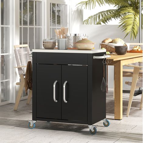 Küchenwagen 86x50x86,5 cm Schwarz aus Eisen mit Edelstahlplatte, Rollen, Schrank und Haken (1/5)