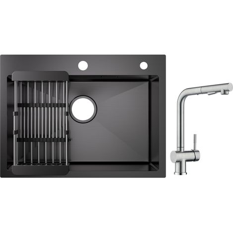 Cecipa Évier 1 Bac Inox avec Panier de Drainage - Évier de Cuisine Noir 60×45×18 cm + Robinet Cuisine avec Douchette Mitigeur d'évier Extractible Brossé (1/5)
