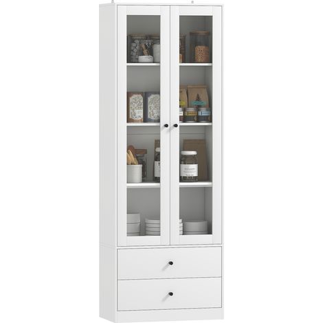 Küchenbuffet mit Schrank und 2 Schubladen, Glastüren und verstellbaren Einlegeböden, 59 x 30 x 164 cm, Weiß