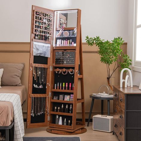 COSTWAY Schmuckschrank mit Spiegel, freistehender Spiegelschrank drehbar mit dreifarbigen LED-Leuchten & Ganzkörperspiegel, Schmuck-Organizer Schmuckaufbewahrung mit Schlüsseln (Braun)