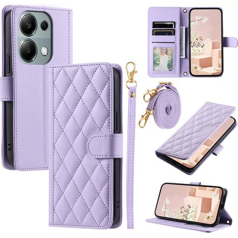 Funda tipo libro para Xiaomi Redmi Note 13 Pro 4G / Poco M6 Pro 4G, bandolera de piel con diseño de rombos, color morado. (1/5)
