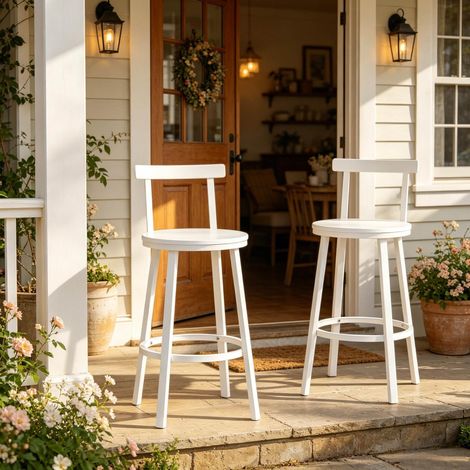 Weiße Barhocker mit gebogener Rückenlehne, MDF-Sitz und Metallgestell HAVRYA (1/5)