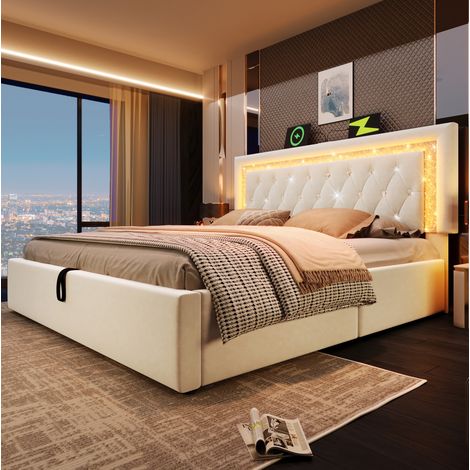 Cama con almacenamiento tapizada en terciopelo beige 180x200 cm, LED integrada, USB-C y somier de láminas (1/5)