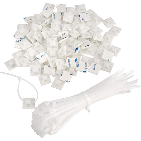 Lot de 100 Socle Adhésif Pour Serre-Câbles, Blanc 150 x 3,6 mm  Collier de Serrage Plastique, Supports Auto-Adhésifs, Gestion de Tous Types de Câbles (1/5)