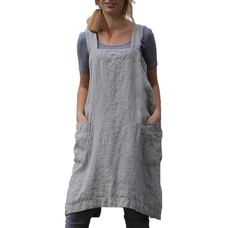 Grembiule a trama incrociata, grembiule semplice in cotone e lino con ampia tasca in stile giapponese, grembiule vintage da donna con stampe letterarie, cucina, giardino, fiori, grigio (1/5)