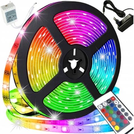Striscia LED RGB SM2835, 10 metri, flessibile, autoadesiva, dimmerabile, con telecomando e alimentatore, cambio colore, decorativa. (1/5)