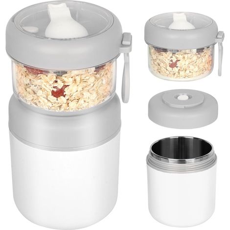Tazza portatile per yogurt da asporto, tazza per cereali in acciaio inox, tazza per insalata, tazza per muesli, bianca, acciaio inox, cereali e latte 530 ml + 330 ml bianca (1/5)