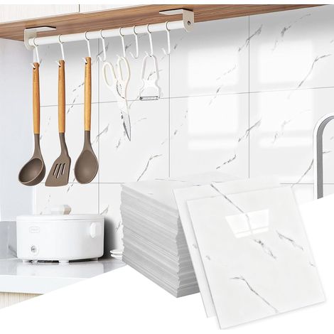 Lot de 24 autocollants pour carrelage mural - Blanc - 30 x 30 cm - Pour salle de bain, cuisine, salon (1/5)