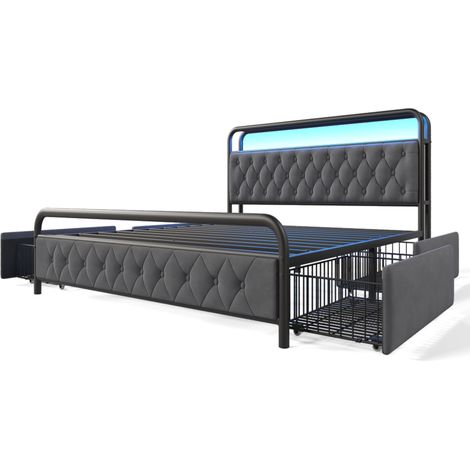Cama de metal de 160 x 200 cm, cabecero LED multifuncional gris, carga USB tipo C integrada y 4 cajones, ideal para adolescentes y adultos (colchón no incluido). (1/5)