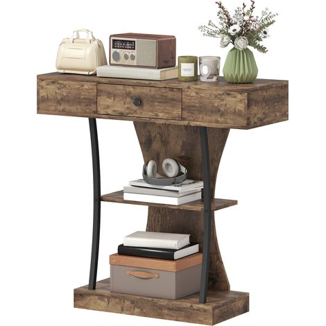 Console Table, 3-Tier Industrial Hallway Table Drawer, Storage Shelves, 91 x 32 x 87 cm, Rustic Brown (1/5)