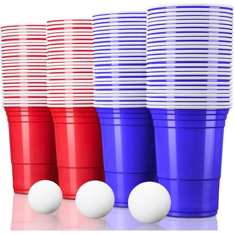 TRESKO Gobelets de fête rouges et bleus 100 pièces + 12 balles Gobelets en plastique Gobelets de bière-pong de fête