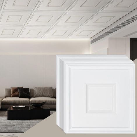 Rénovation Acoustique Tuiles de Plafond Plastique 605x605 mm Lot de 12 Panneaux Décoratifs à Coller pour Maison et Bureau (1/5)
