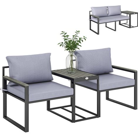 Salon de jardin - Outsunny - 3 pièces - ensemble de jardin avec coussins 14cm et accoudoirs en composite bois-plastique - gris (1/5)