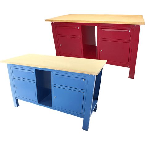 Banco da lavoro SOGI 1,5 metri con piano in legno + 2 armadi con anta e cassetto - blu/rosso, ColoreBlu (1/5)