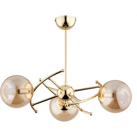 Alfa KOSMITO 62329 Gold/Brass Ceiling Light, 3x E14 Sockets, Amber Glass Shades, Dimmable Flush Mount Lamp for Living Room Dining Room Bedroom, 47x49 cm (1/2)