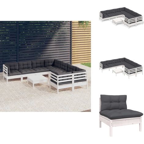 9-tlg. Garten-Lounge-Set mit Kissen Weiß Kiefernholz - Garten Lounge Set - Kiefernholz Möbel - Outdoor Möbel - Loungesessel - Gartengeräte (1/5)