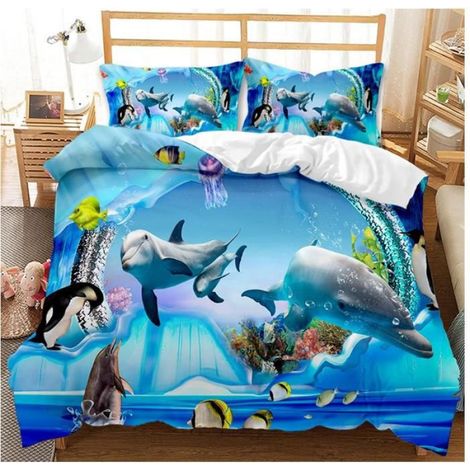 3D mer Animaux literie Set,Dauphin,Poisson Tropical,Corail,Vie Marine Housse de Couette,Bleu Monde sous-Marin,A,240x260cm - 29J (1/3)