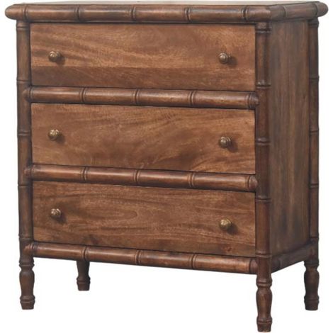 AS EASY Commode 3 tiroirs sculptée bambou en bois massif, Brun