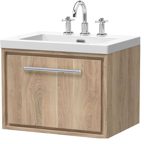 Longnor 1 Drawer Wall Hung Vanity Unit with 3 Tap Hole Modern Fireclay Basin, Light Oak, 600mm